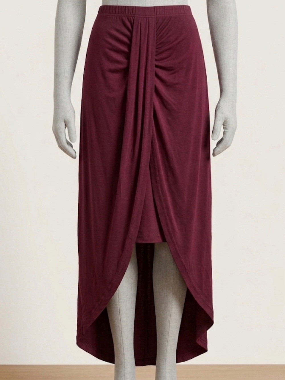 Streetwear Society Burgundy Draped Tulip Midi Skirt Size L Stretch Knit High Low